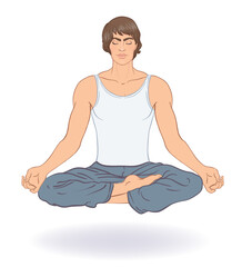 Beautiful Caucasian Man sitting in Lotus pose with ornate mandala on background. Vector illustration. Spa consent, yoga studio, or natural medicine clinic.