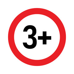 3 plus sign. Three. Age restrictions, censorship and parental control. Icon for content, movies, food, juice and toys.