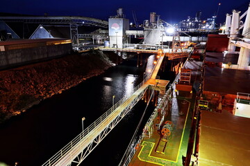 Twilights and night views of cargo terminal and pier for loading bulk cargo of cooper concentrates by shore facilities. Port of Vancouver, WA, USA. August,2020.