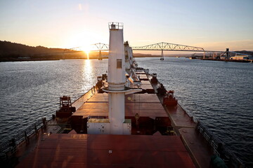 Twilights and night views of cargo terminal and pier for loading bulk cargo of cooper concentrates by shore facilities. Port of Vancouver, WA, USA. August,2020.