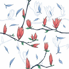 Seamless pattern with spring flowers and leaves.
