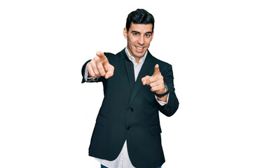 Handsome hispanic man wearing business clothes pointing to you and the camera with fingers, smiling positive and cheerful