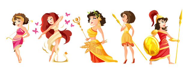 Old greek female gods cartoon figures set with aphrodite artemis athena demeter hera vector illustration