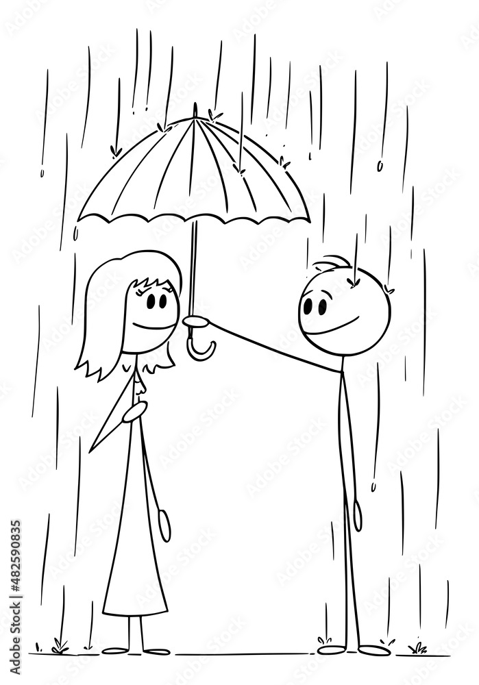 Poster sympathetic gentleman with umbrella helps woman in rain , vector cartoon stick figure illustration