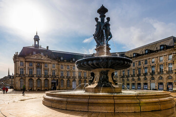 Fountain of Three Graces on the Place de la Bourse in Bordeaux in Gironde, Nouvelle-Aquitaine,...