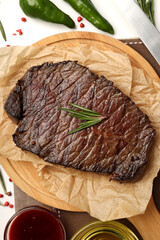 Concept of tasty food with beef steak, top view