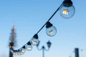 Fototapeta premium Garland of light bulbs in the park. 
