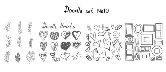 Vector doodle heart, Flowers, Tree branches with leaf, frames of different shapes and sizes. Big sketch set. Hand draw photo frames, Floral vector design elements. Hand drawn decorative leaves and