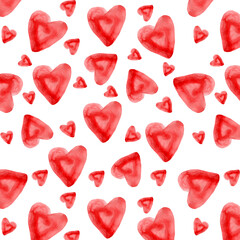 Hand-drawn painted ruddy hearts seamless pattern of red watercolor
