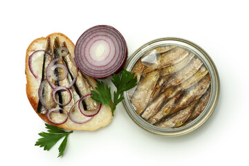 Delicious sandwich with sprats isolated on white background