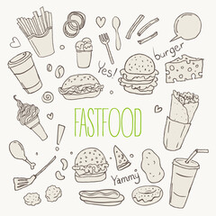 Fastfood delicious hand drawn vector seamless doodles pattern with burgers, hot dogs and french fries, and other on note paper sheet