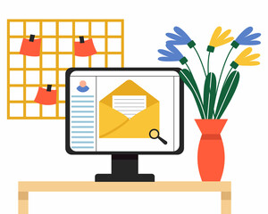 Workplace with a computer. Office desk, Email. Vector illustration
