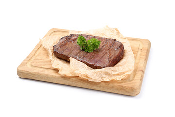 Board with beef steak isolated on white background