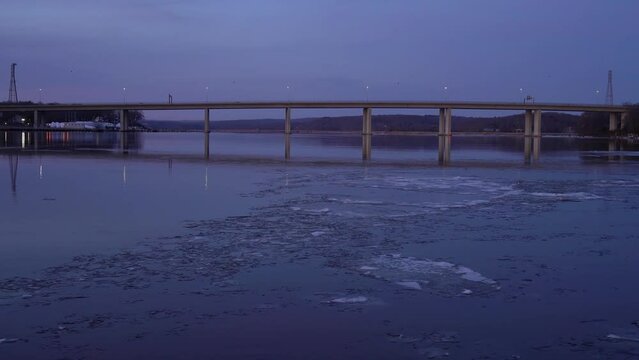 Interstate 95 Bridge over the Connecticut River. High quality 4k footage shot well after sunset. Night driving in cold weather concept video.