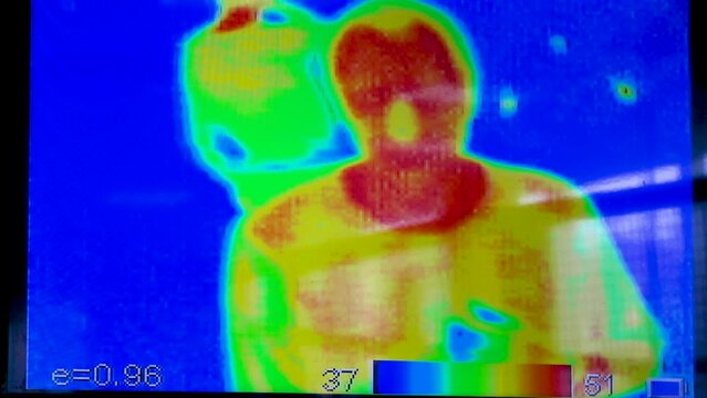Thermal Imaging Translating Video on Television. Infrared Thermal Male Body Silhouette Heat Scan Under Processing, Modern Technology Details. Medicine Concept and Fight Against Coronavirus, Covid-19