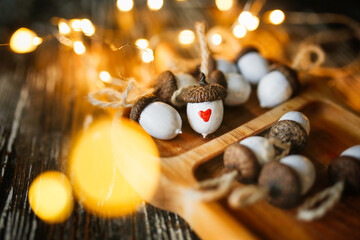 White acorns decor with a small red heart. Postcard for Valentine's Day, you are special, not like everyone else