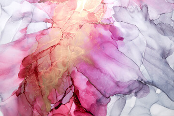 Luxury abstract background in alcohol ink technique, pink gray gold liquid painting, scattered...