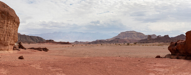 Panoramic  view of fantastically beautiful mountain nature in Timna National Park near Eilat,...