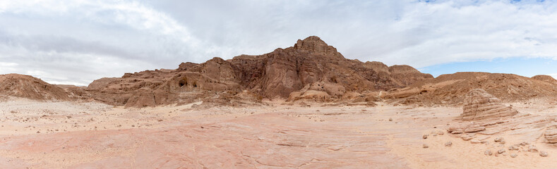 Fototapeta premium Panoramic view of fantastically beautiful mountain nature in Timna National Park near Eilat, southern Israel.