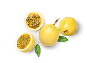 Flat lay of Yellow  passion fruit with cut in half and green leaf isolated on white background..