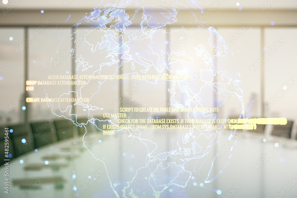 Poster double exposure of abstract creative programming illustration and world map on a modern boardroom ba