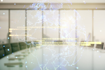 Double exposure of abstract creative programming illustration and world map on a modern boardroom background, big data and blockchain concept