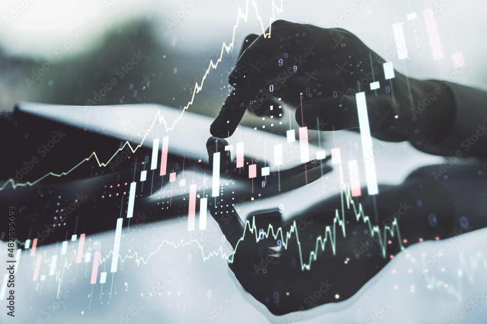 Aufkleber multi exposure of abstract financial diagram and hand working with a digital tablet on background, b