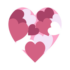 Heart composed of heart-shaped shades of pink. Vector illustration, design element suitable for postcards, textiles, decor, cards.