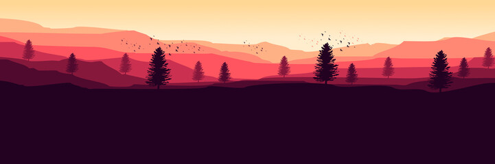 mountain landscape vector illustration with tree silhouette good for web banner, blog banner, wallpaper, background template, adventure design, tourism poster design, backdrop design