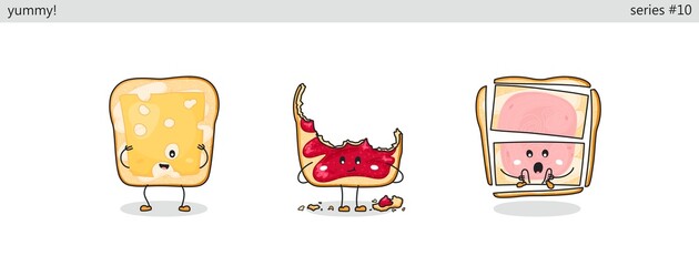 Sandwich. Set of cute kawaii characters. Funny cartoon fast food icons in different situations. Vector comic style graphics