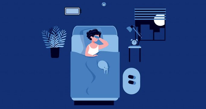 Happy woman sleeping in the bedroom at night with a fully charged battery and sleeping mask. Good healthy sleep concept. Sweet dreams. Good work of biological rhythms. Animation. 4K video