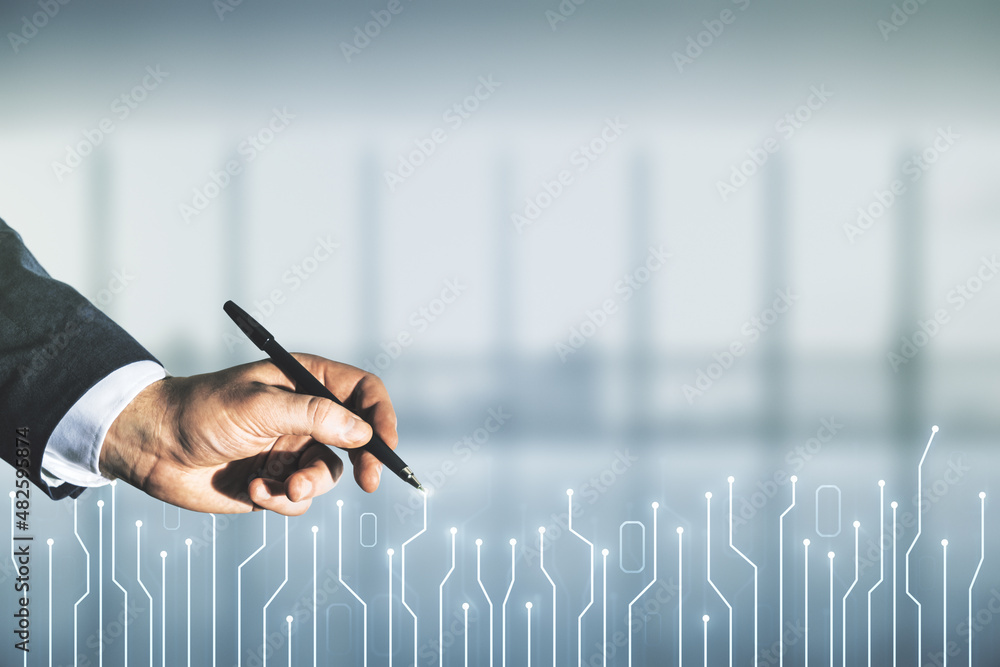 Aufkleber Double exposure of male hand with pen draws abstract virtual circuit hologram on blurred office background. Research and development hardware concept