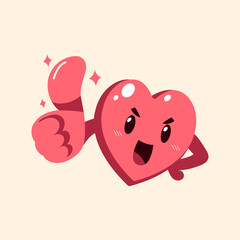 Vector cartoon cute heart character showing thumb for design.