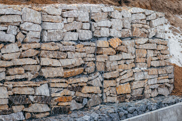 Stone gabion wall, close up.