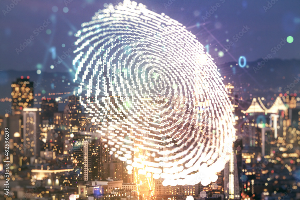 Poster multi exposure of virtual graphic fingerprint sketch on san francisco cityscape background fingerpri