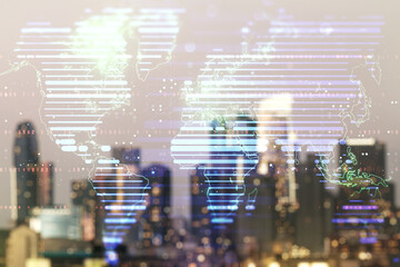 Abstract creative digital world map on blurry skyscrapers background, globalization concept. Multiexposure