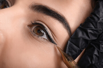 Young woman undergoing procedure of permanent eye makeup in tattoo salon, closeup - obrazy, fototapety, plakaty
