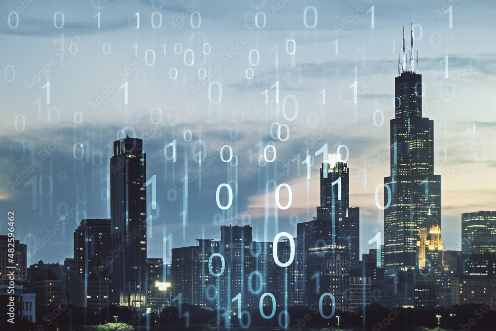 Leinwandbilder abstract virtual binary code illustration on chicago skyline background. big data and coding concept
