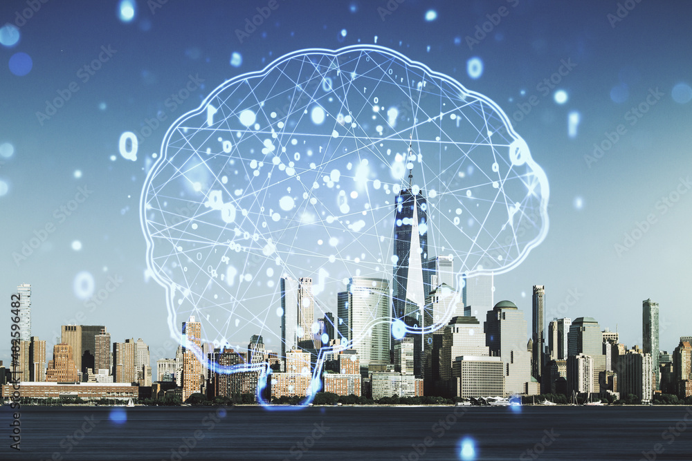 Poster double exposure of creative artificial intelligence interface on new york city skyscrapers backgroun