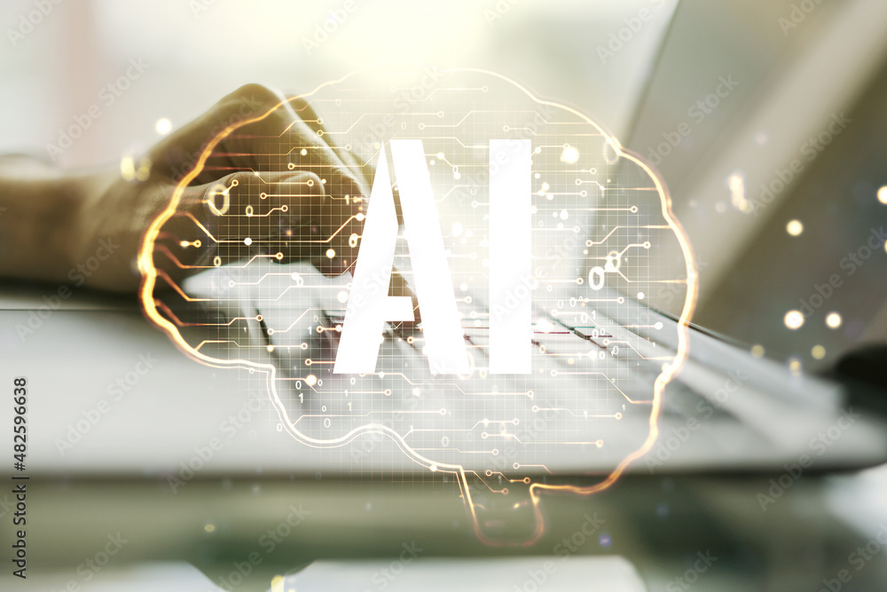 Poster creative artificial intelligence concept with human brain sketch and hands typing on computer keyboa