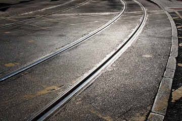 tram tracks in the city with sunset light