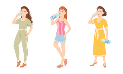 Young Woman Standing and Drinking Pure Still Water from Plastic Bottle Quenching Thirst Vector Set