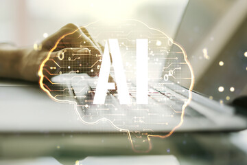 Creative artificial Intelligence concept with human brain sketch and hands typing on computer keyboard on background. Double exposure