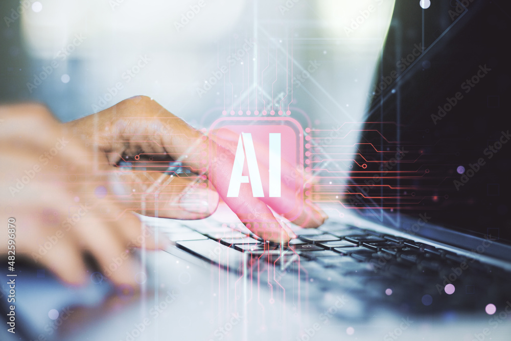 Poster creative artificial intelligence symbol concept with hands typing on computer keyboard on background