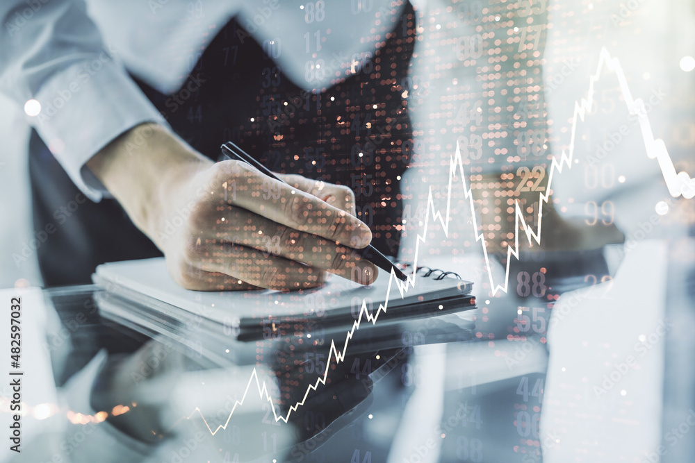 Poster multi exposure of abstract creative financial chart with world map and with man hand writing in note