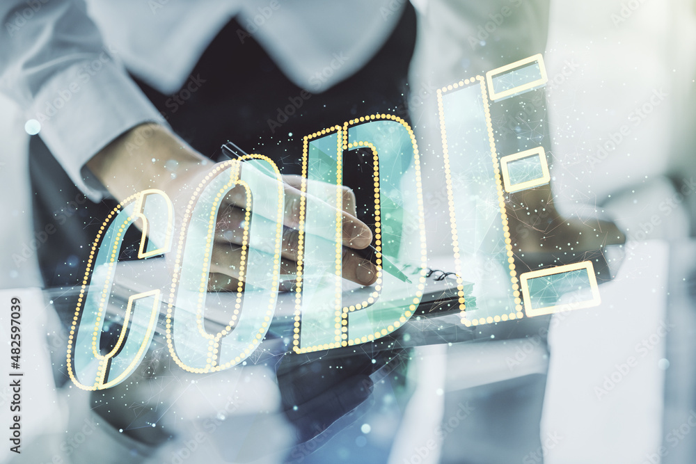 Poster creative code word sign and man hand writing in notepad on background, international software develo