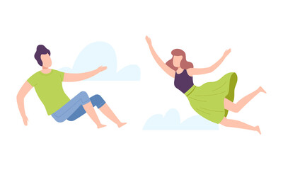 Fototapeta na wymiar Flying Man and Woman Floating in the Air and Cloud Fantasizing Vector Set