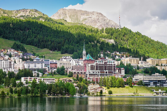 St. Moritz, high alpine resort town in the Engadine, Switzerland. Panorama townscape of Sankt Moritz with Lake St. Moritz in the Swiss canton of Graubünden, the Grisons.