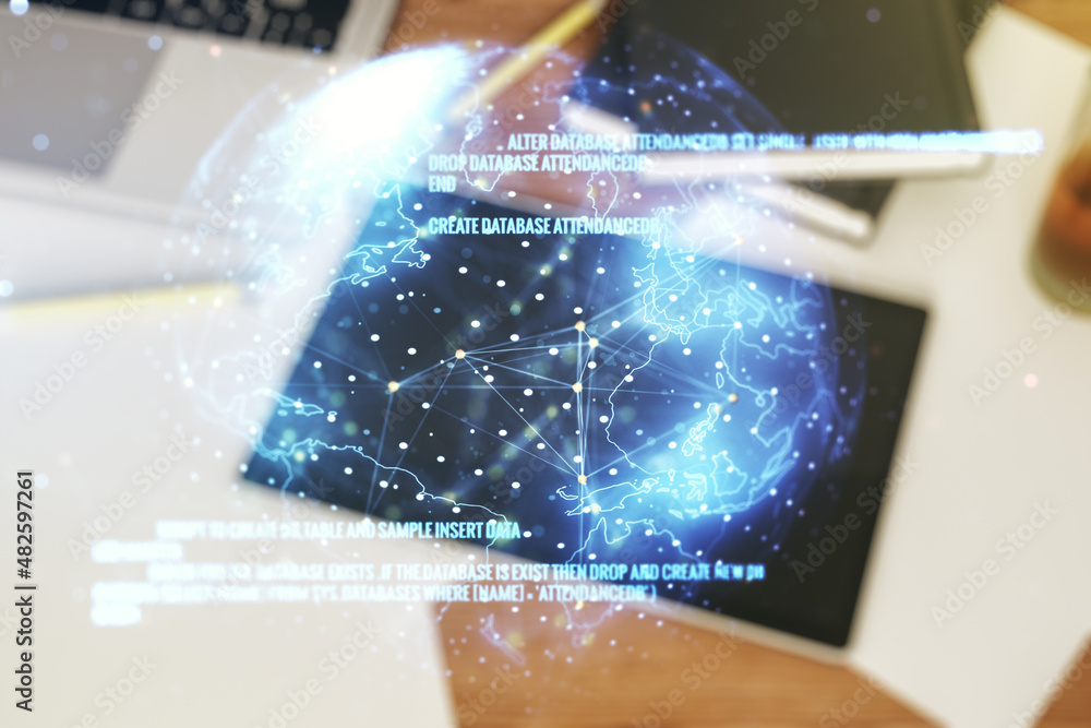 Poster abstract creative coding concept with world map and modern digital tablet on background, top view. m