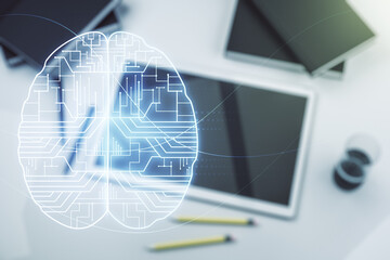 Double exposure of creative artificial Intelligence symbol and digital tablet on background, top view. Neural networks and machine learning concept
